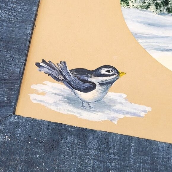 Signed Art Hand Painted Winter Scene Bird Lover Wood Frame Trees Farm Decor Snow - Picture 3 of 10